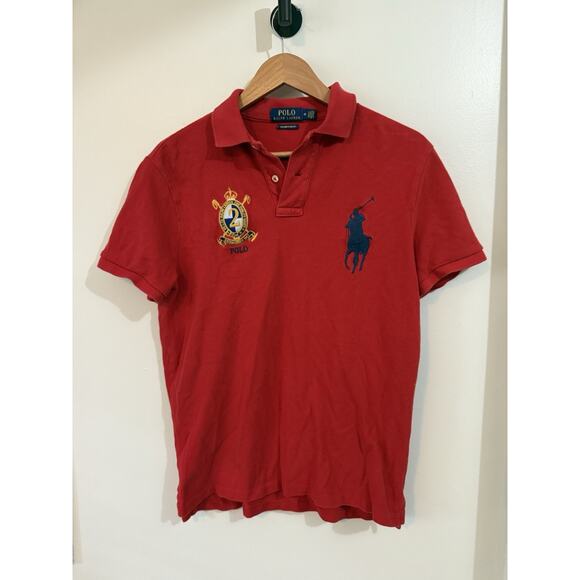 Polo Ralph Lauren Red Polo Shirt Crest Big Pony Custom Slim Fit Men’s Medium - Picture 1 of 8